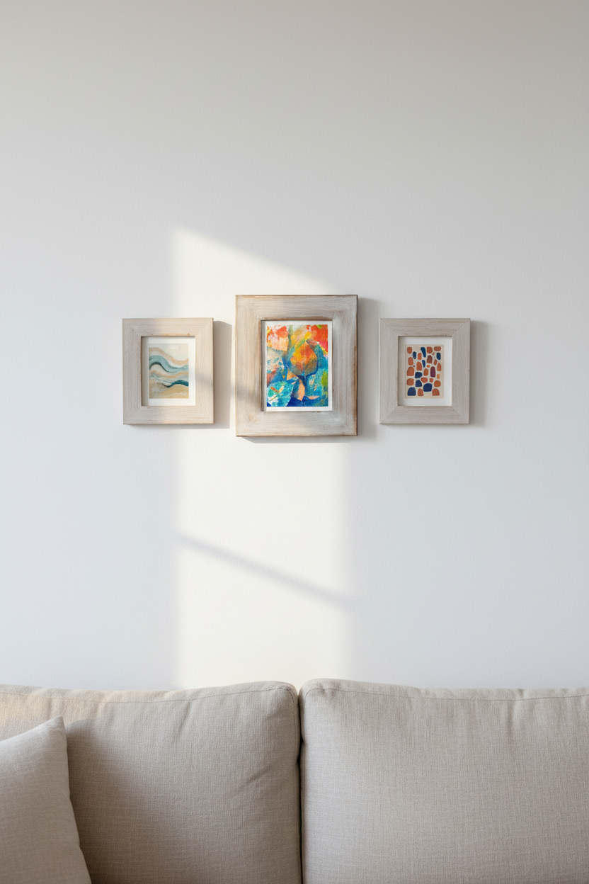 Watermelon original mixed-media art in whitewashed driftwood frame, styled in a coastal mini gallery wall arrangement with two other small artworks