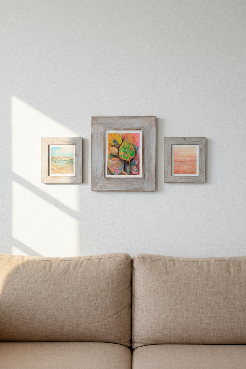 Sour Flavor original mixed-media art in whitewashed driftwood frame, styled in a coastal mini gallery wall with two other small artworks
