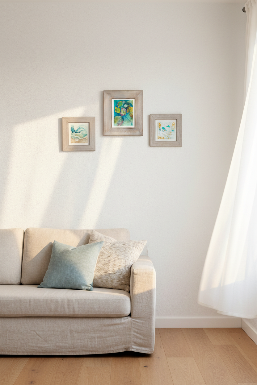 Mint Flow original mixed-media art in whitewashed driftwood frame, styled in a coastal mini gallery wall with two other small artworks