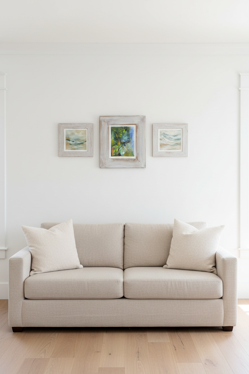 Breeze original mixed-media art in whitewashed driftwood frame, styled in a coastal mini gallery wall with two other small artworks
