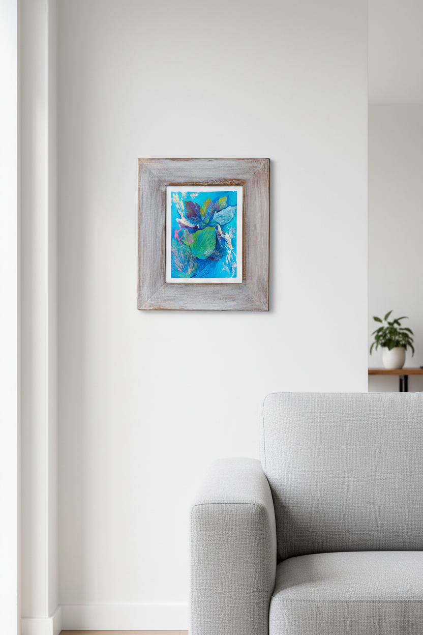Aqua Reef 14x16 inch wall art mockup in natural wood frame